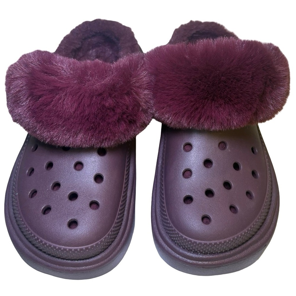 Crocs Classic Mammoth Luxe Radiant Clogs Burgundy Plum Faux Fur Platform Women 6 - Picture 3 of 9